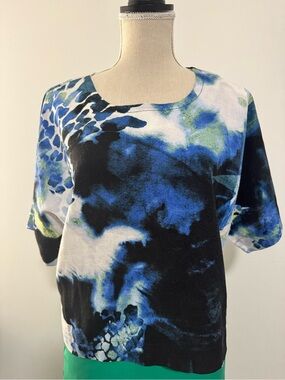 DKNY Linen Blend Abstract Blue and Black Women's Top Size M